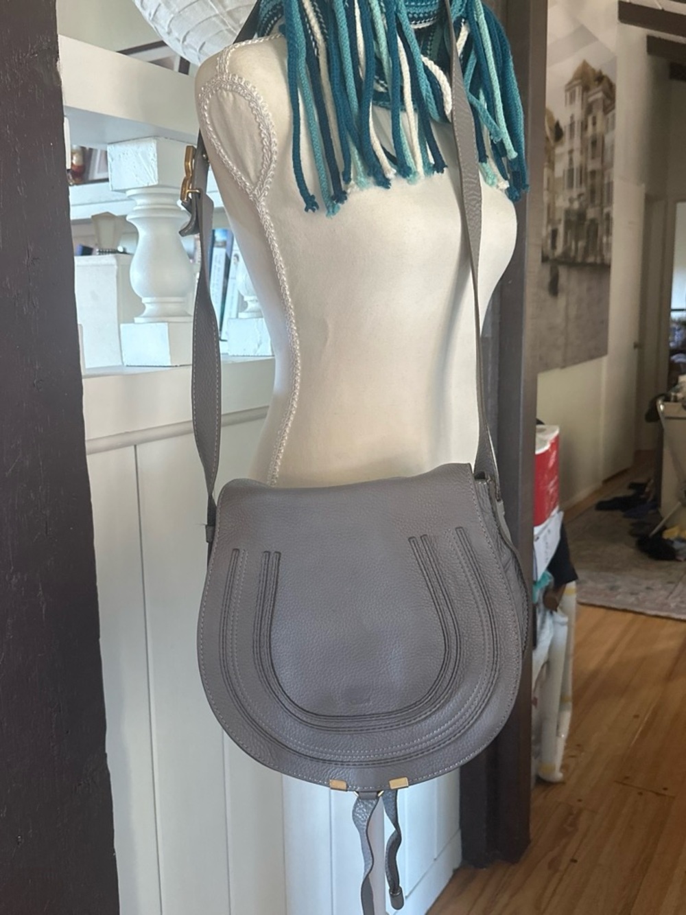 Chloe Gray Leather Saddle Crossbody Bag with Gold Accents